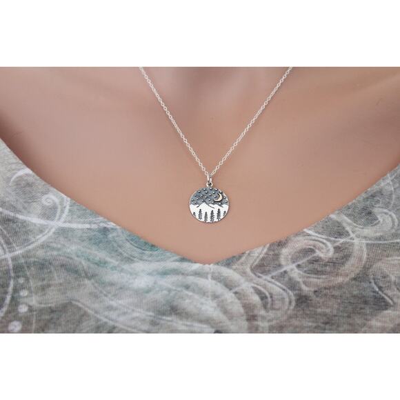 Sterling Silver Mountain Charm with Trees and Bronze Moon Necklace - Picture 5 of 7
